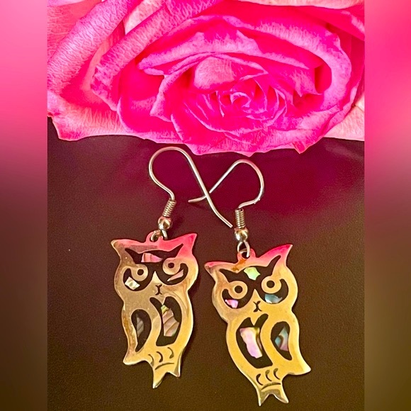Vintage Alpaca Silver with Abalone Shell Black Onyx Owl Earrings - Picture 8 of 8